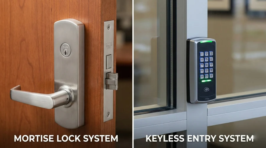 Side-by-side comparison of a durable mortise lock system on a wooden door versus a modern keyless entry keypad on a glass storefront, illustrating security options for Brevard County businesses.
