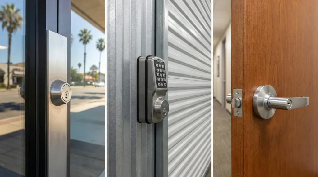 Collage showing three common commercial lock types for Melbourne, FL businesses: a glass storefront deadbolt, a warehouse keypad entry, and an interior office lever handle.