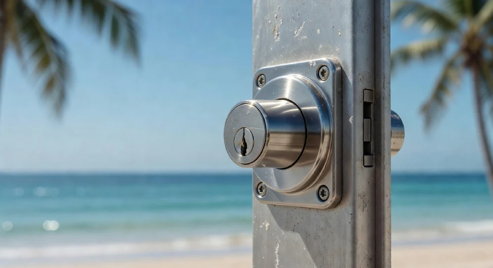 Close-up of a weather-resistant stainless steel commercial lock installed against a beach backdrop in Melbourne, FL, illustrating durability against salt air and environmental wear.