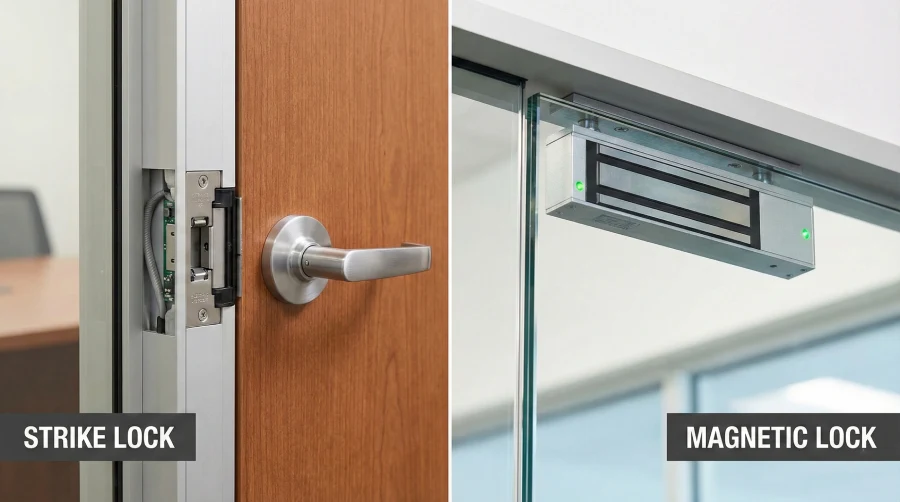 Split-screen comparison showing an electric strike lock on a wooden office door and a powerful magnetic lock on a glass storefront, illustrating commercial security options for Melbourne, FL buildings.