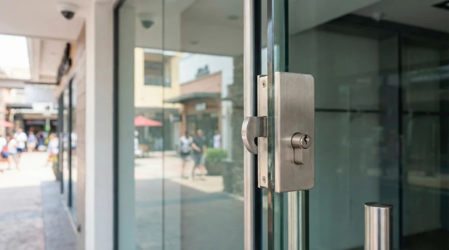 Close-up of a high-security hook bolt lock on a glass retail storefront door in Melbourne, FL, with a blurred shopping district in the background.