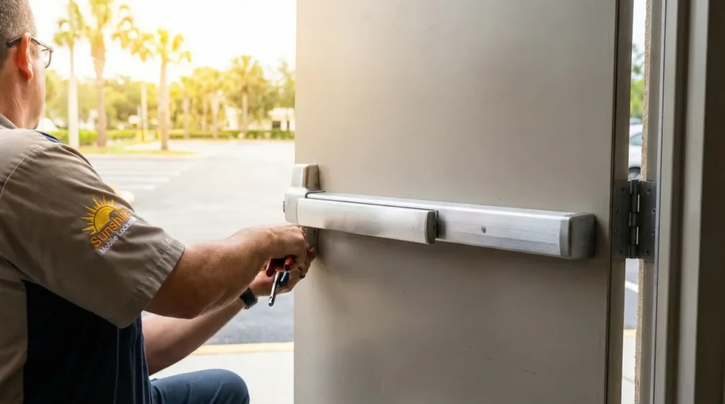 Before photo of commercial door hardware replacement on Commodore Blvd, Melbourne, FL 32935 showing old lock prior to Grade 1 panic bar installation by Sunshine Mobile Locksmith.