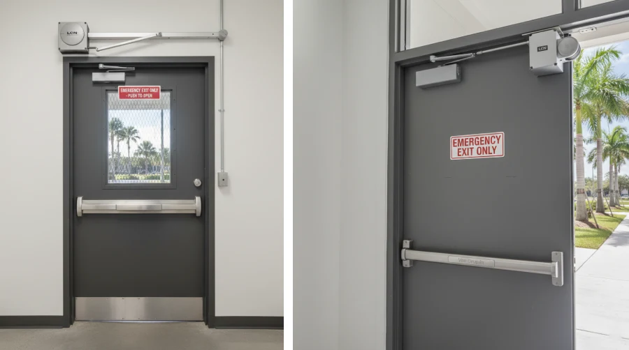 Commercial emergency exit door equipped with a heavy-duty panic bar and LCN door closer, installed by Sunshine Mobile Locksmith to meet fire safety codes for businesses in Melbourne and Orlando, FL.
