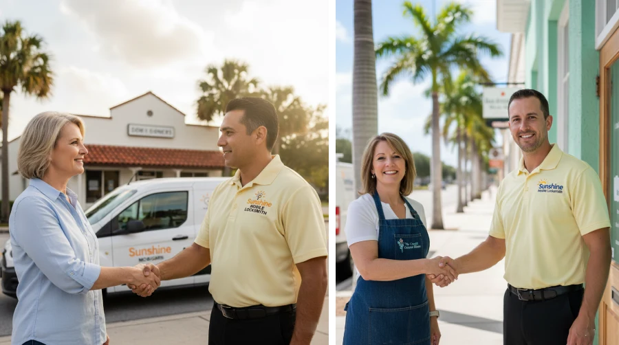 Sunshine Mobile Locksmith technicians shaking hands with satisfied residential and commercial clients in Melbourne, FL, showcasing our trusted local service and commitment to customer satisfaction.