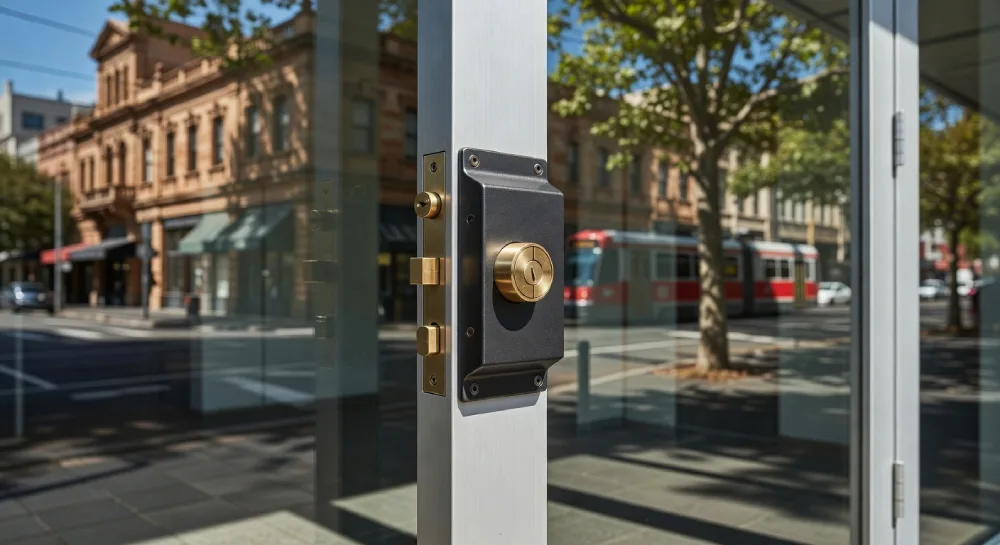 Close-up of a heavy-duty high-security lock installed on a commercial glass storefront door to enhance business security in Melbourne, FL.