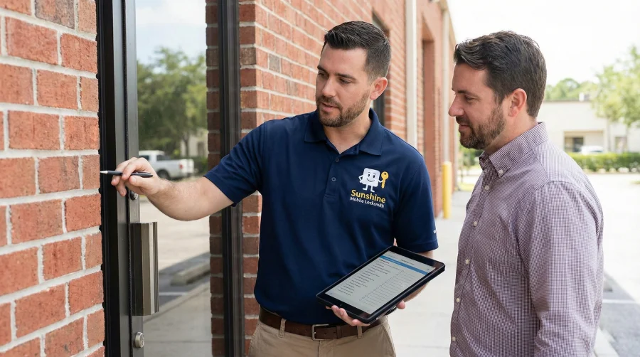 Sunshine Mobile Locksmith technician conducting a free commercial security audit and door lock inspection for a business owner in Melbourne, FL.