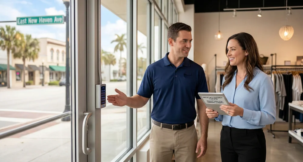 A Sunshine Mobile Locksmith technician in a branded polo shirt demonstrates how to operate a newly installed commercial access control keypad lock on a glass storefront door for a retail business owner. Visible outside the window is East New Haven Ave in downtown Melbourne, Florida