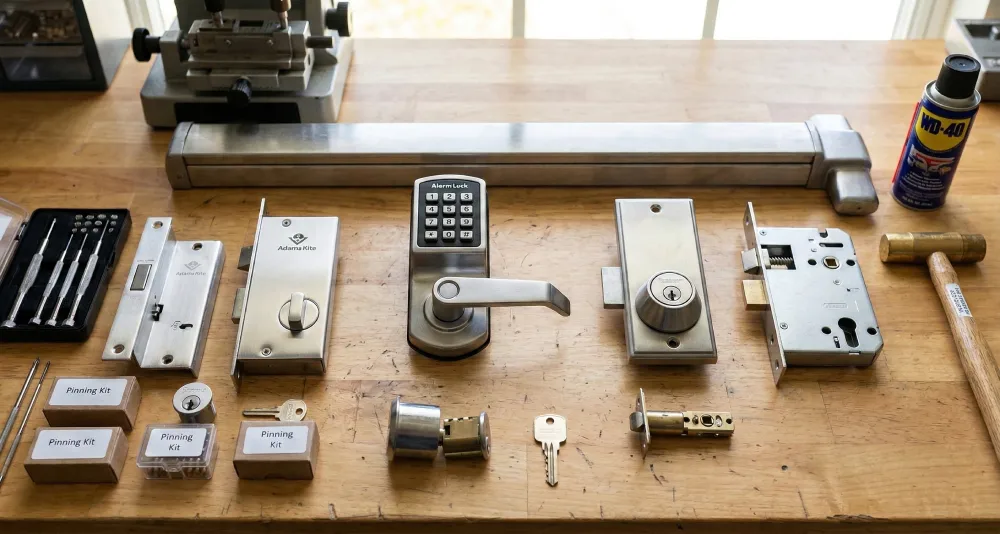 Top-down view of an organized wooden locksmith workbench in Melbourne, FL, showcasing professional commercial door hardware, high-security lock bodies, and precision keying tools for Space Coast businesses.