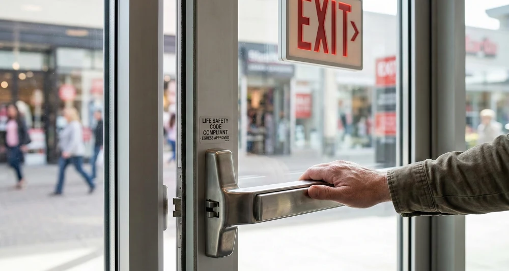 A hand operating a stainless steel panic bar on a glass storefront door to demonstrate single-motion egress compliance for a Melbourne, FL business.