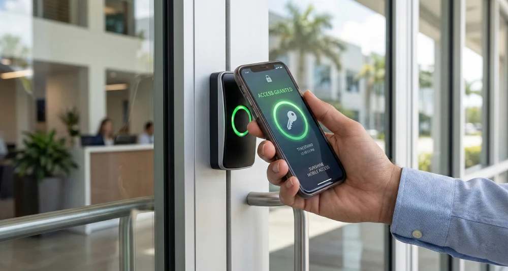 A professional using a smartphone app to unlock a commercial glass door equipped with a modern keyless access control system at a Space Coast business in Melbourne, FL.