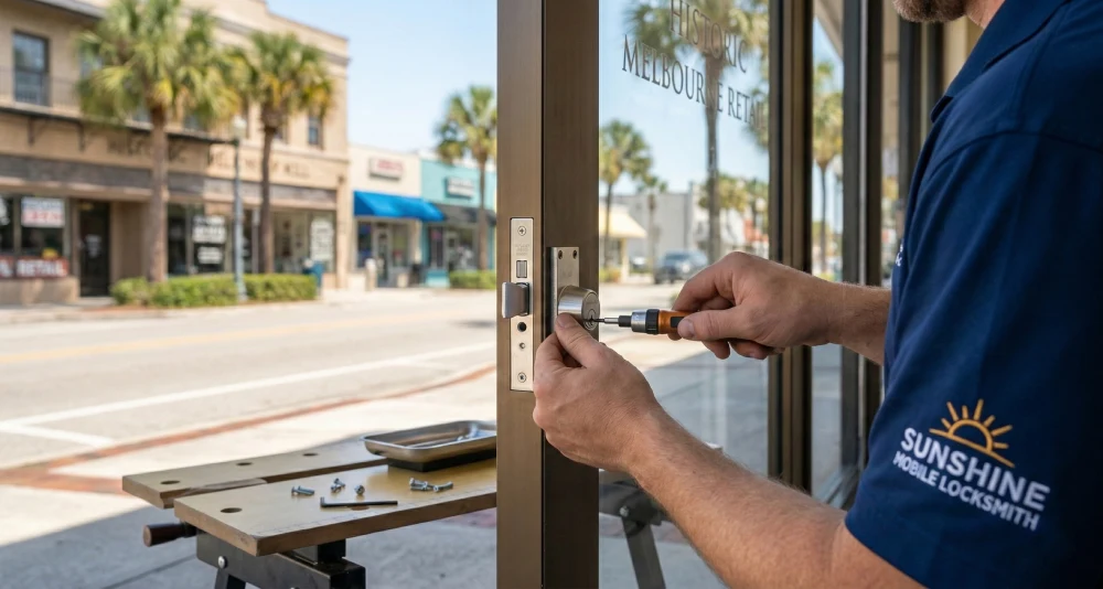 A professional Sunshine Mobile Locksmith technician installing a commercial Adams Rite deadlatch on a glass storefront door in Melbourne, FL.