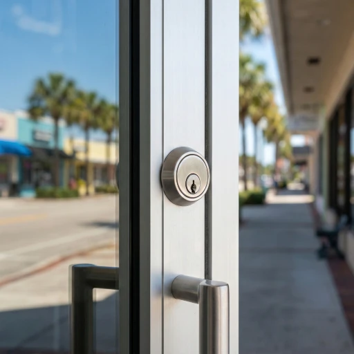 Close-up of a sleek commercial mortise cylinder lock on an aluminum storefront door, reflecting palm trees along East New Haven Ave in Downtown Melbourne, FL.