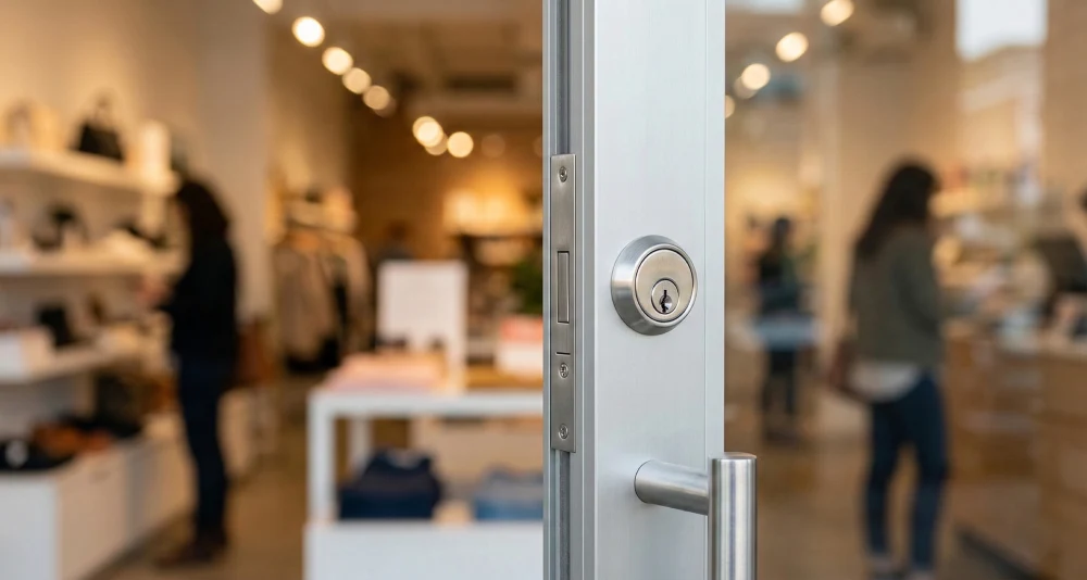 A heavy-duty mechanical commercial mortise lock installed on an aluminum glass storefront door, with customers shopping inside a brightly lit retail store in Melbourne, FL.