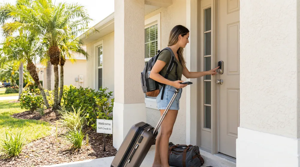Guest using a smart lock for self check-in at an Airbnb rental in Melbourne, FL