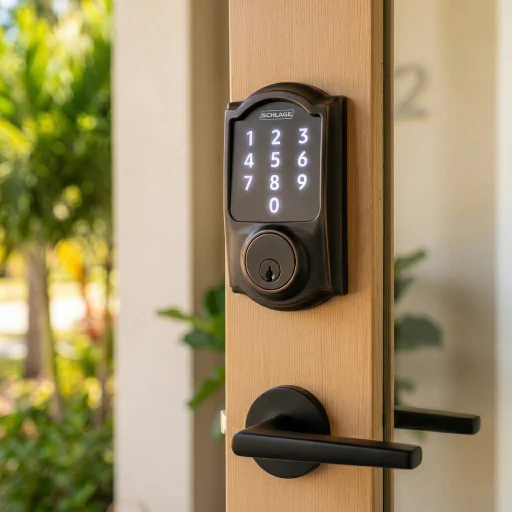 Schlage keypad smart lock on a front door at an Airbnb rental in Melbourne, FL