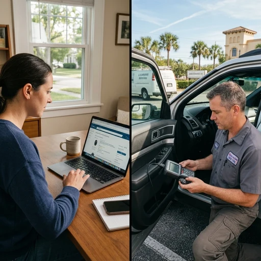 Split-screen showing a driver buying a car key online and a mobile locksmith programming a replacement key in Melbourne, FL.