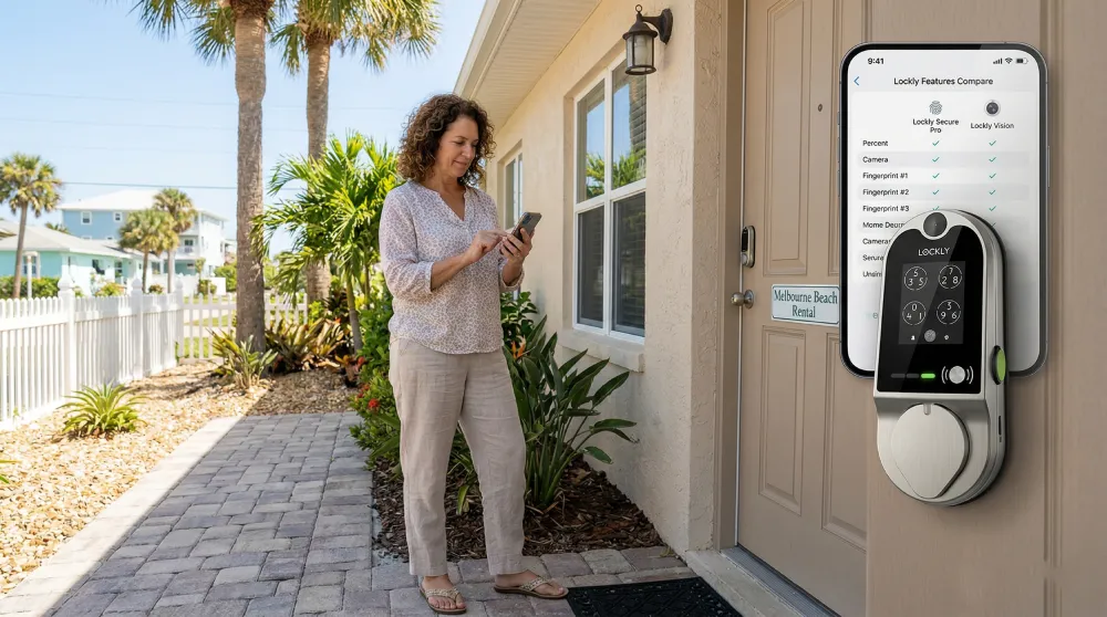 Airbnb host comparing smart lock features on a vacation rental door in Melbourne, FL