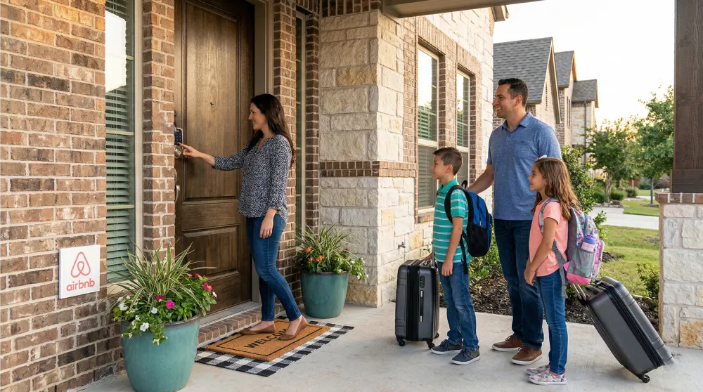 Family using a keypad smart lock to check in at an Airbnb rental in Melbourne, FL