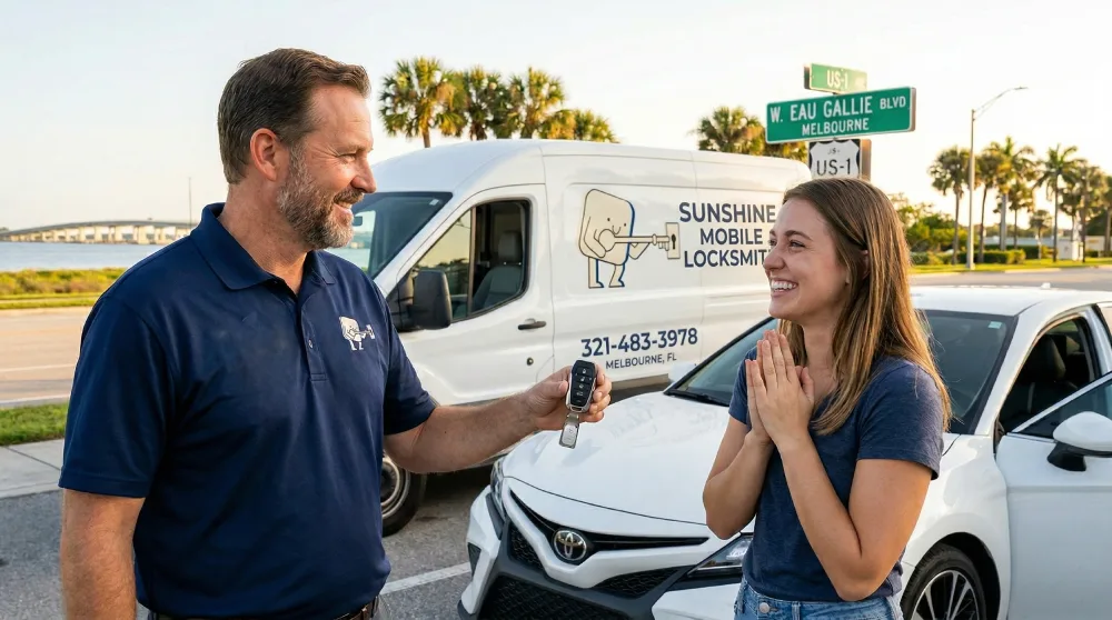 Local locksmith handing a newly programmed replacement car key to a happy driver in Melbourne, FL.