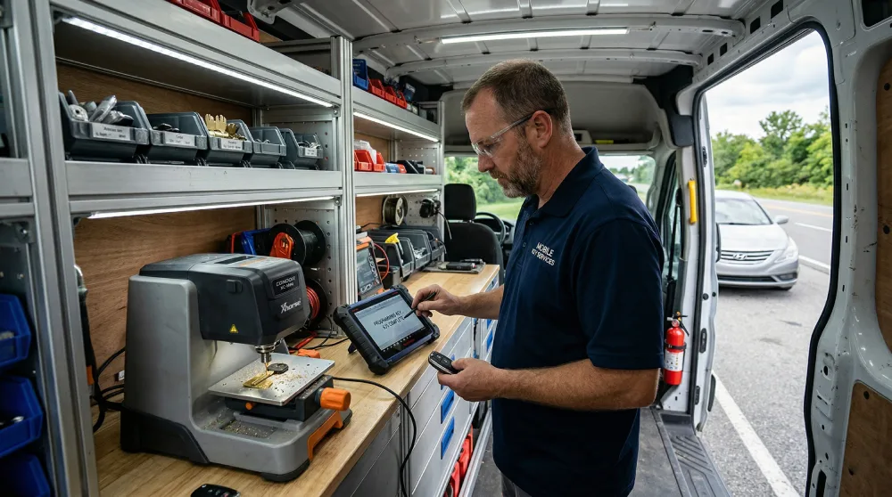 Mobile locksmith cutting and programming a replacement car key on-site in Melbourne, FL.
