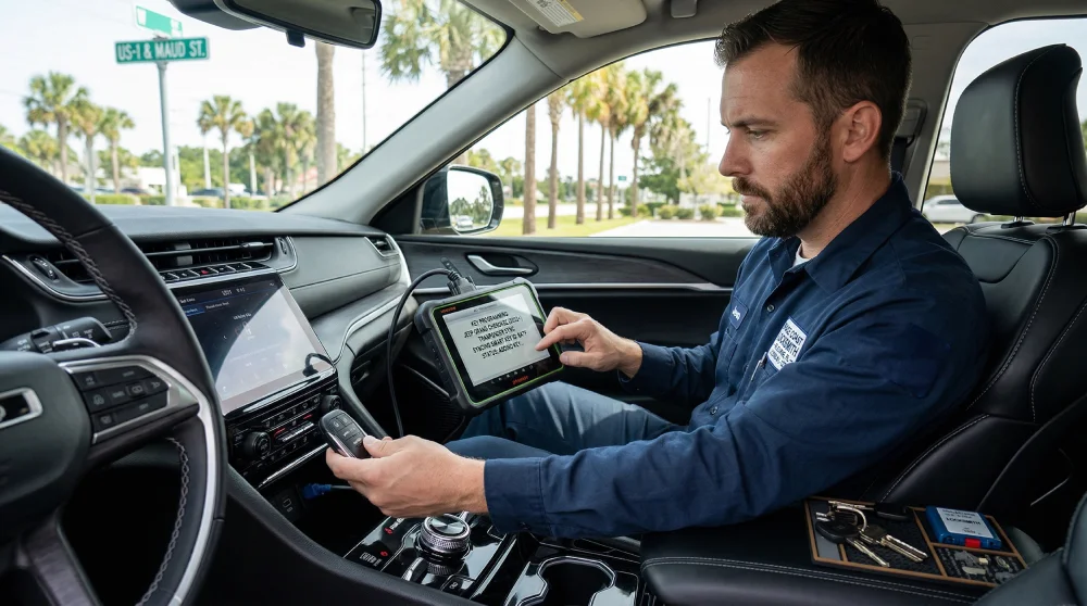 Mobile locksmith programming a replacement smart key inside a vehicle in Melbourne, FL.