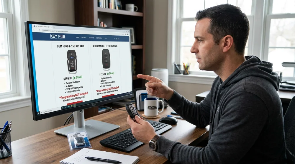 Driver comparing OEM and aftermarket replacement key fobs online to find a lower-cost option in Melbourne, FL.