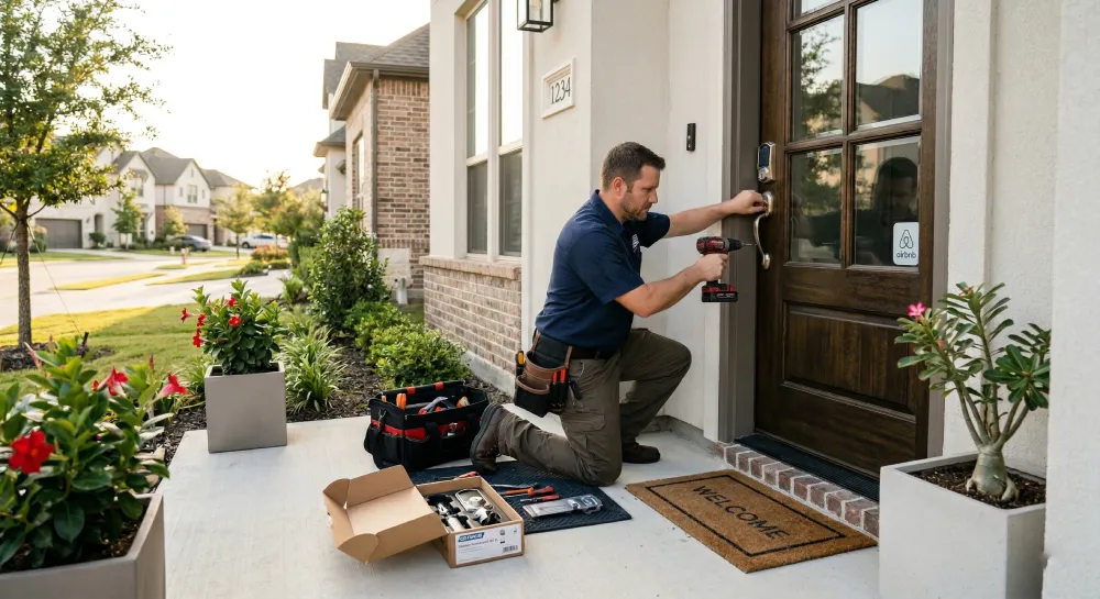 Locksmith installing a smart lock at an Airbnb rental in Melbourne, FL