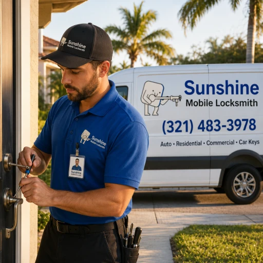 Licensed Sunshine Mobile Locksmith technician servicing a residential door lock in Brevard County, FL